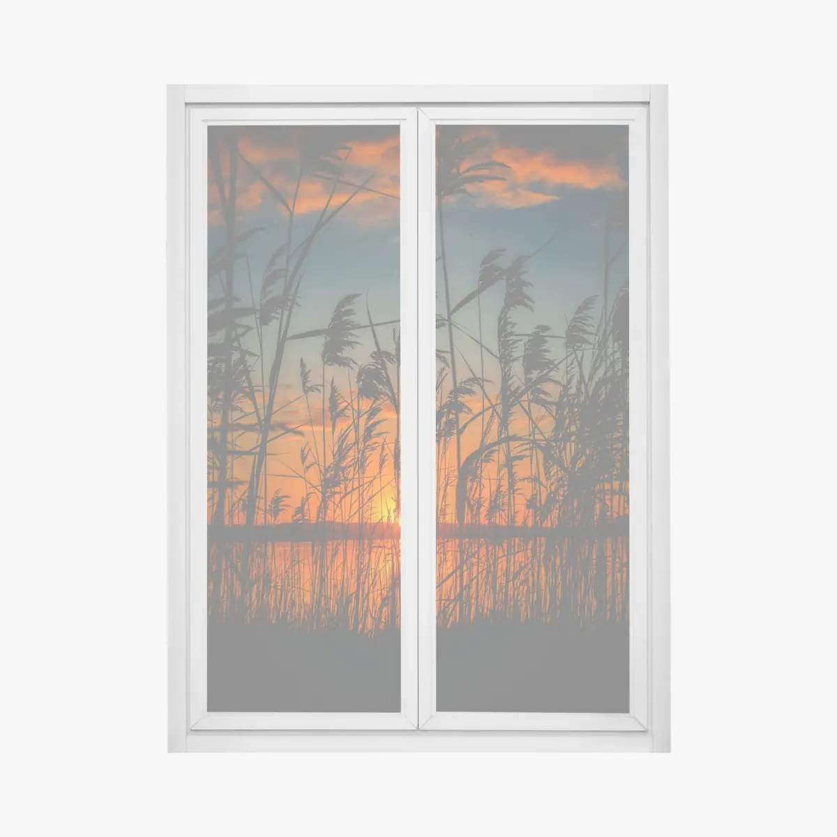 Adesivo per finestra tramonto sulle rive: silhouette di canne al vento • Wallissimo®
