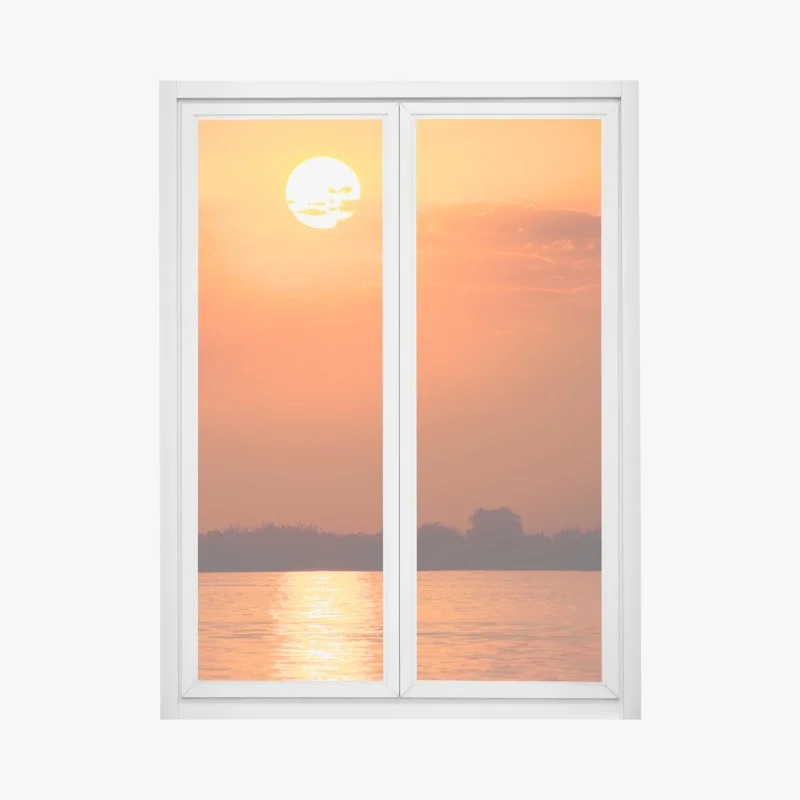 Adesivo per finestra tramonto infuocato sul lago