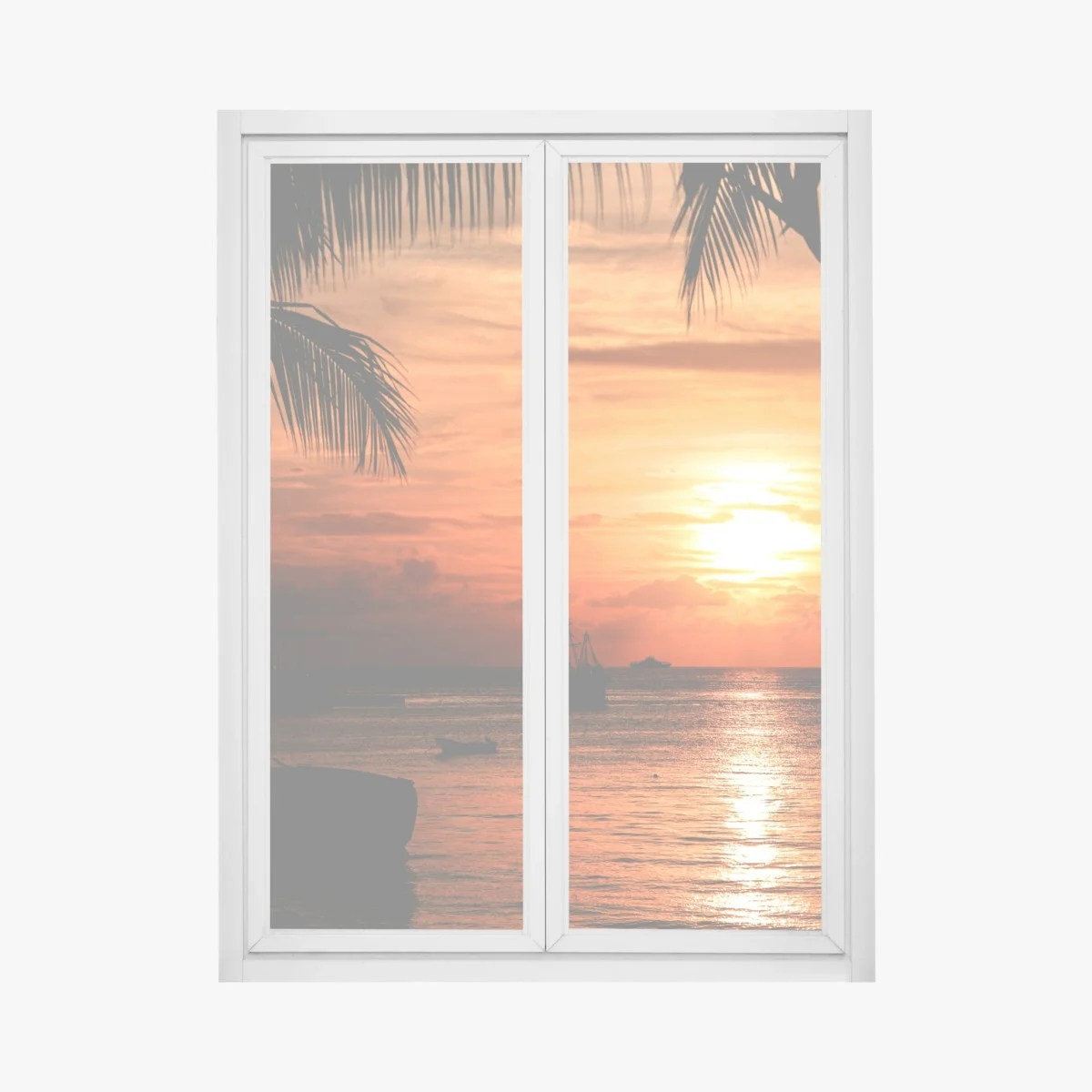 Adesivo per finestra tramonto tropicale sul mare con palme e barche • Wallissimo® Adesivo per finestra tramonto tropicale sul mare con palme e barche • Wallissimo®