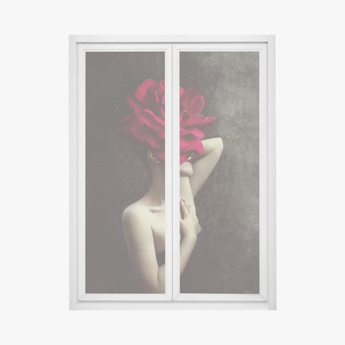 Adesivo per finestra donna con rosa gigante e sensualità moderna • Wallissimo®