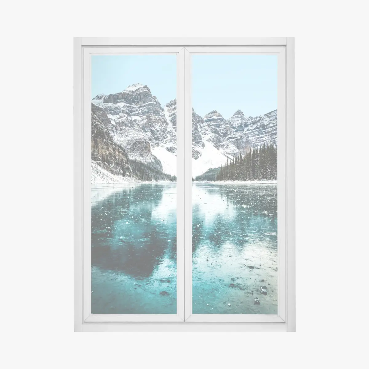 Adesivo per finestra vista montana innevata con lago turchese riflettente • Wallissimo® Adesivo per finestra vista montana innevata con lago turchese riflettente • Wallissimo®