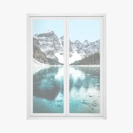 Adesivo per finestra vista montana innevata con lago turchese riflettente • Wallissimo®