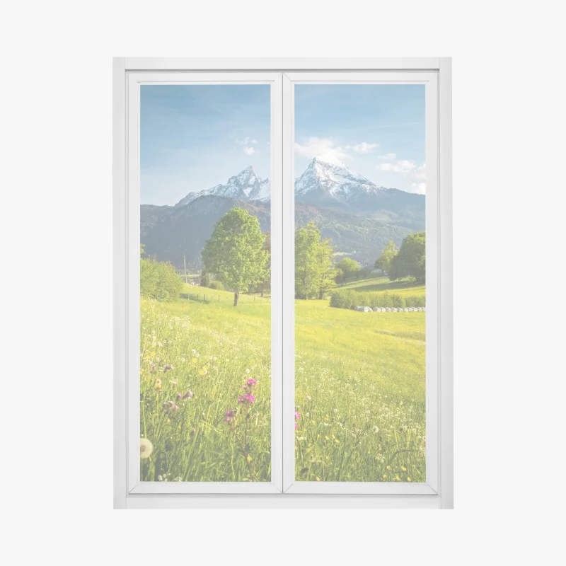 Adesivo per finestra panorama alpino primaverile con prati fioriti