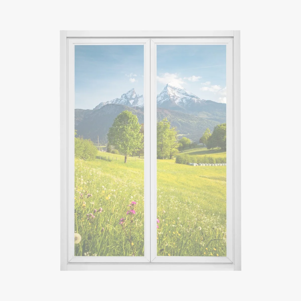 Adesivo per finestra panorama alpino primaverile con prati fioriti • Wallissimo® Adesivo per finestra panorama alpino primaverile con prati fioriti • Wallissimo®