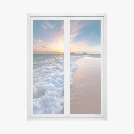 Adesivo per finestra tramonto sulle onde della spiaggia • Wallissimo®