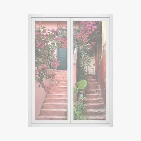 Adesivo per finestra portale fiorito su gradini rosa • Wallissimo®