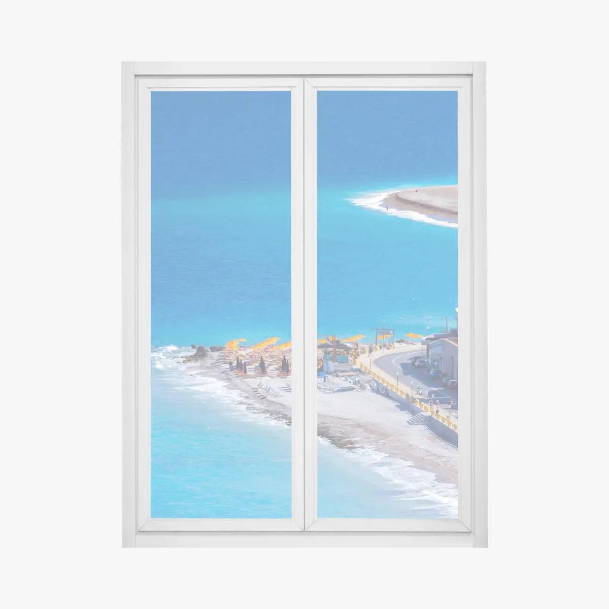 Adesivo per finestra spiaggia di Rodi con ombrelloni arancioni • Wallissimo®
