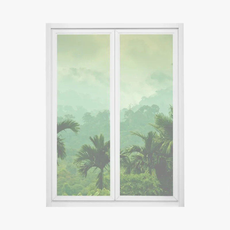 Adesivo per finestra foresta tropicale nella nebbia