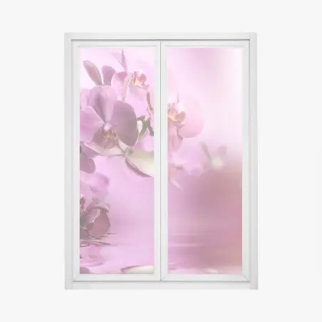 Adesivo per finestra orchidee rosa con riflesso sull'acqua • Wallissimo®