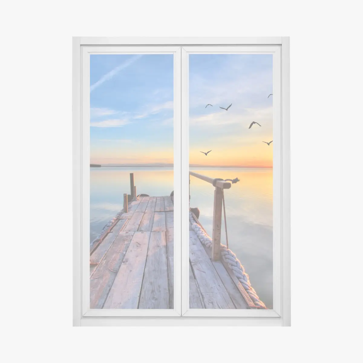 Adesivo per finestra molo di legno al tramonto sul lago • Wallissimo®