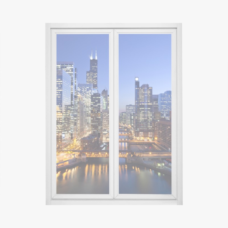 Adesivo per finestra skyline notturno di Chicago sul fiume