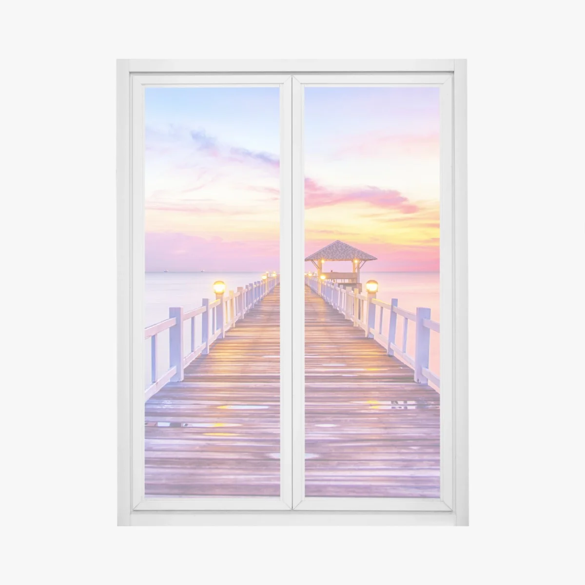 Adesivo per finestra tramonto sul molo: vista serena sul mare • Wallissimo® Adesivo per finestra tramonto sul molo: vista serena sul mare • Wallissimo®