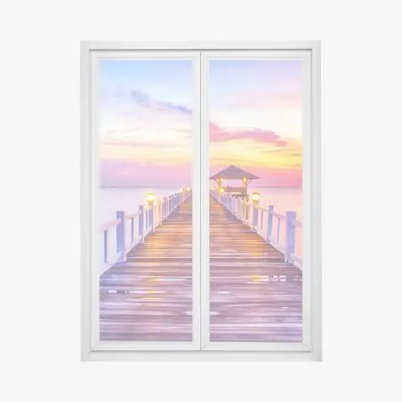 Adesivo per finestra tramonto sul molo: vista serena sul mare • Wallissimo®