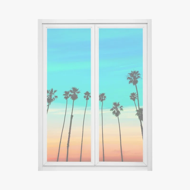 Adesivo per finestra tramonto a Santa Barbara con filari di palme • Wallissimo® Adesivo per finestra tramonto a Santa Barbara con filari di palme • Wallissimo®