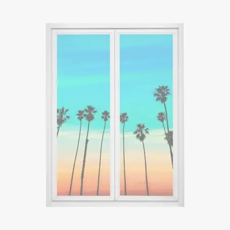 Adesivo per finestra tramonto a Santa Barbara con filari di palme • Wallissimo®
