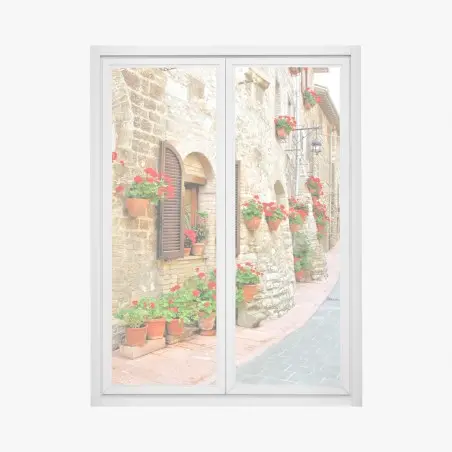 Adesivo per finestra vialetto fiorito nel borgo • Wallissimo®