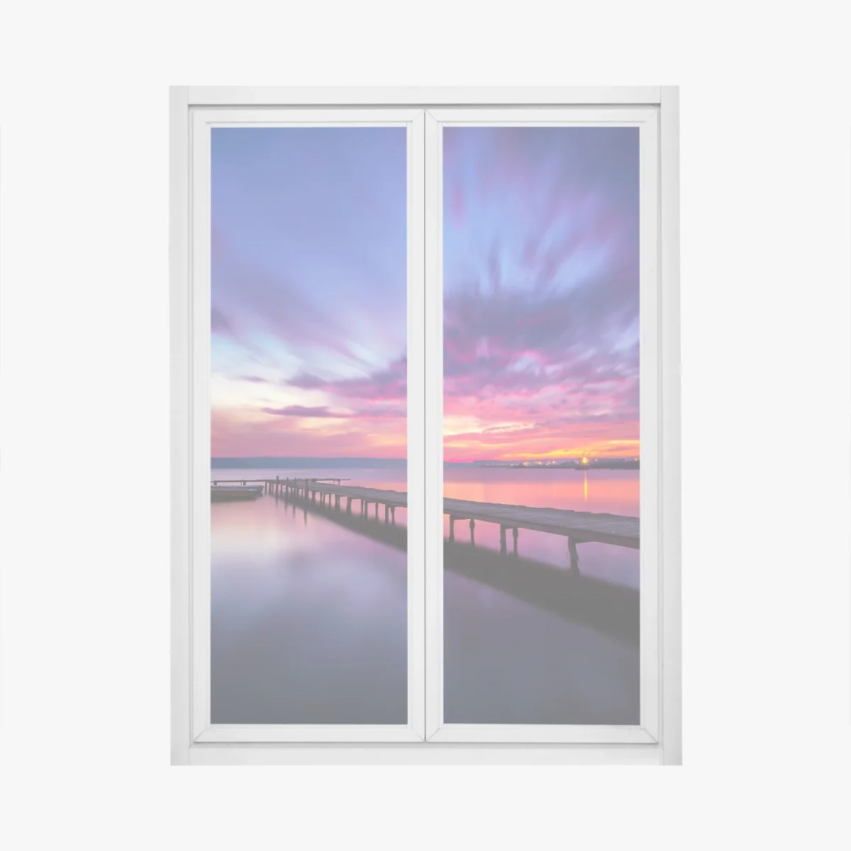 Adesivo per finestra molo al tramonto sul lago dai colori vividi • Wallissimo® Adesivo per finestra molo al tramonto sul lago dai colori vividi • Wallissimo®