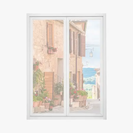 Adesivo per finestra borgo medievale fiorito in Toscana • Wallissimo®