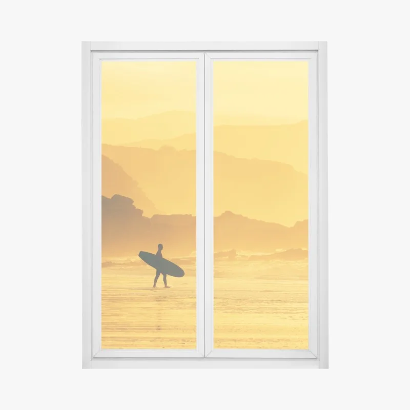 Adesivo per finestra silhouette dorata: surfista al tramonto