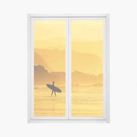 Adesivo per finestra silhouette dorata: surfista al tramonto • Wallissimo®