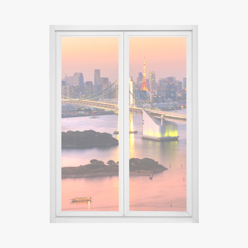 Adesivo per finestra tramonto sullo skyline di Tokyo con Rainbow Bridge e Tokyo Tower