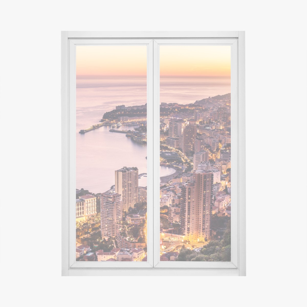 Adesivo per finestra tramonto sulla baia urbana illuminata • Wallissimo®