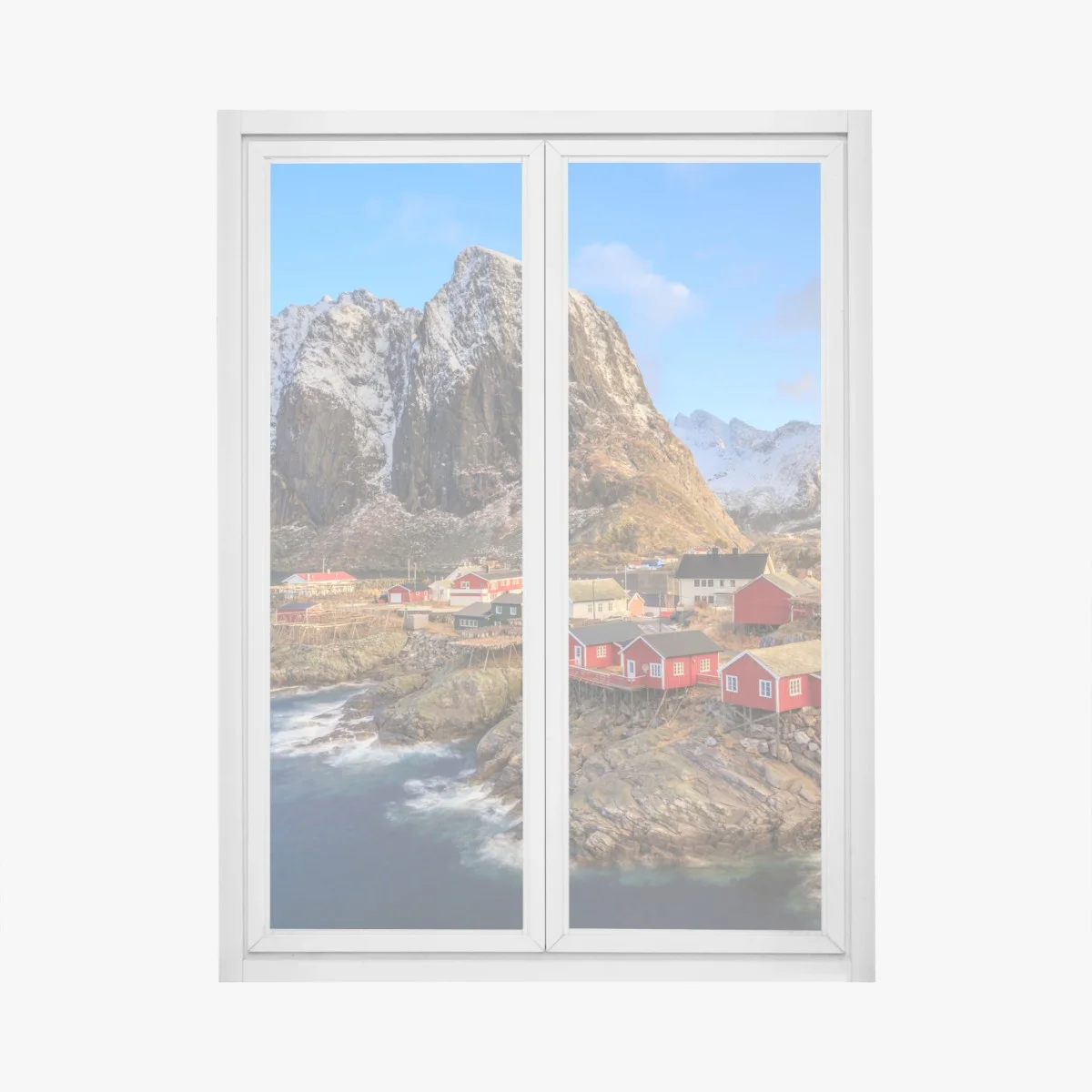 Adesivo per finestra panorama costiero con case rosse e montagna innevata • Wallissimo® Adesivo per finestra panorama costiero con case rosse e montagna innevata • Wallissimo®
