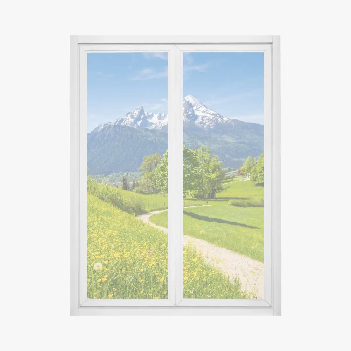 Adesivo per finestra paesaggio alpino con sentiero fiorito • Wallissimo®
