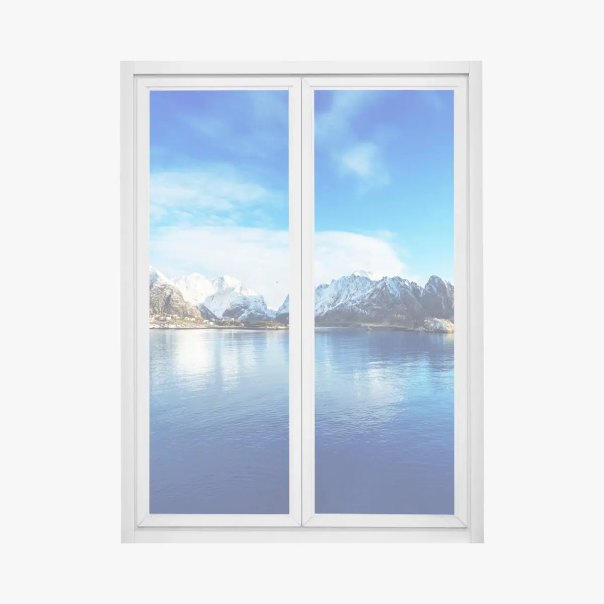 Adesivo per finestra panorama innevato di Reine alle isole Lofoten, Norvegia • Wallissimo®
