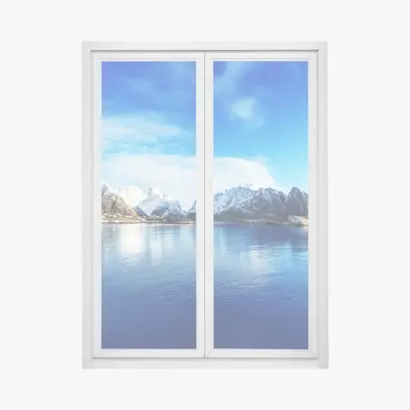 Adesivo per finestra panorama innevato di Reine alle isole Lofoten, Norvegia • Wallissimo®