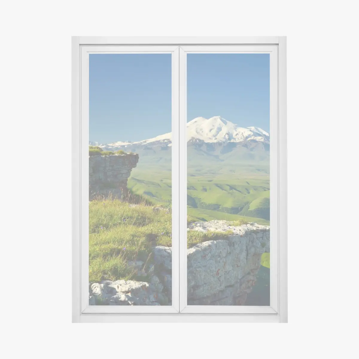 Adesivo per finestra panorama mozzafiato di Elbrus su altopiani verdi • Wallissimo®