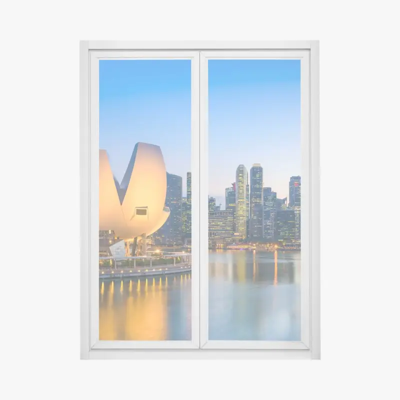 Adesivo per finestra skyline di Singapore al crepuscolo con museo a forma di loto