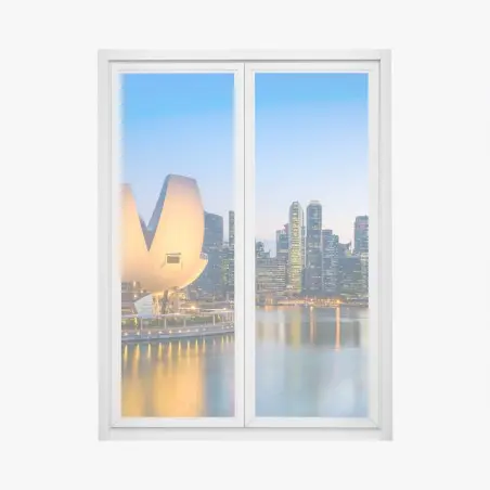 Adesivo per finestra skyline di Singapore al crepuscolo con museo a forma di loto • Wallissimo®