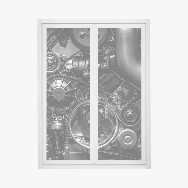 Adesivo per finestra dettaglio di motore industriale in bianco e nero