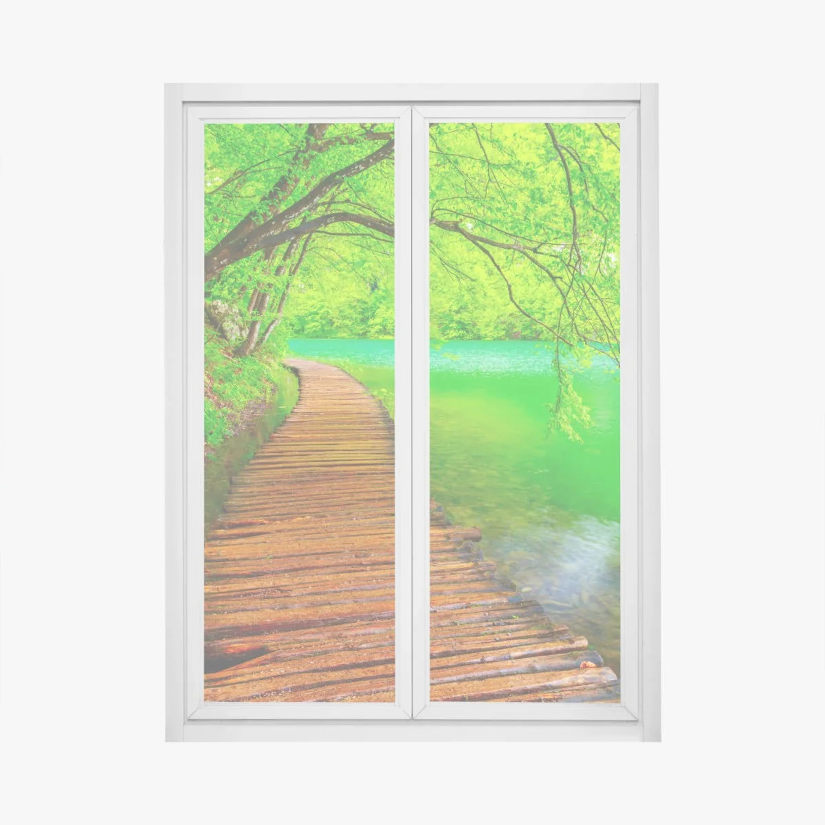 Adesivo per finestra percorso in legno lungo il lago verde • Wallissimo® Adesivo per finestra percorso in legno lungo il lago verde • Wallissimo®