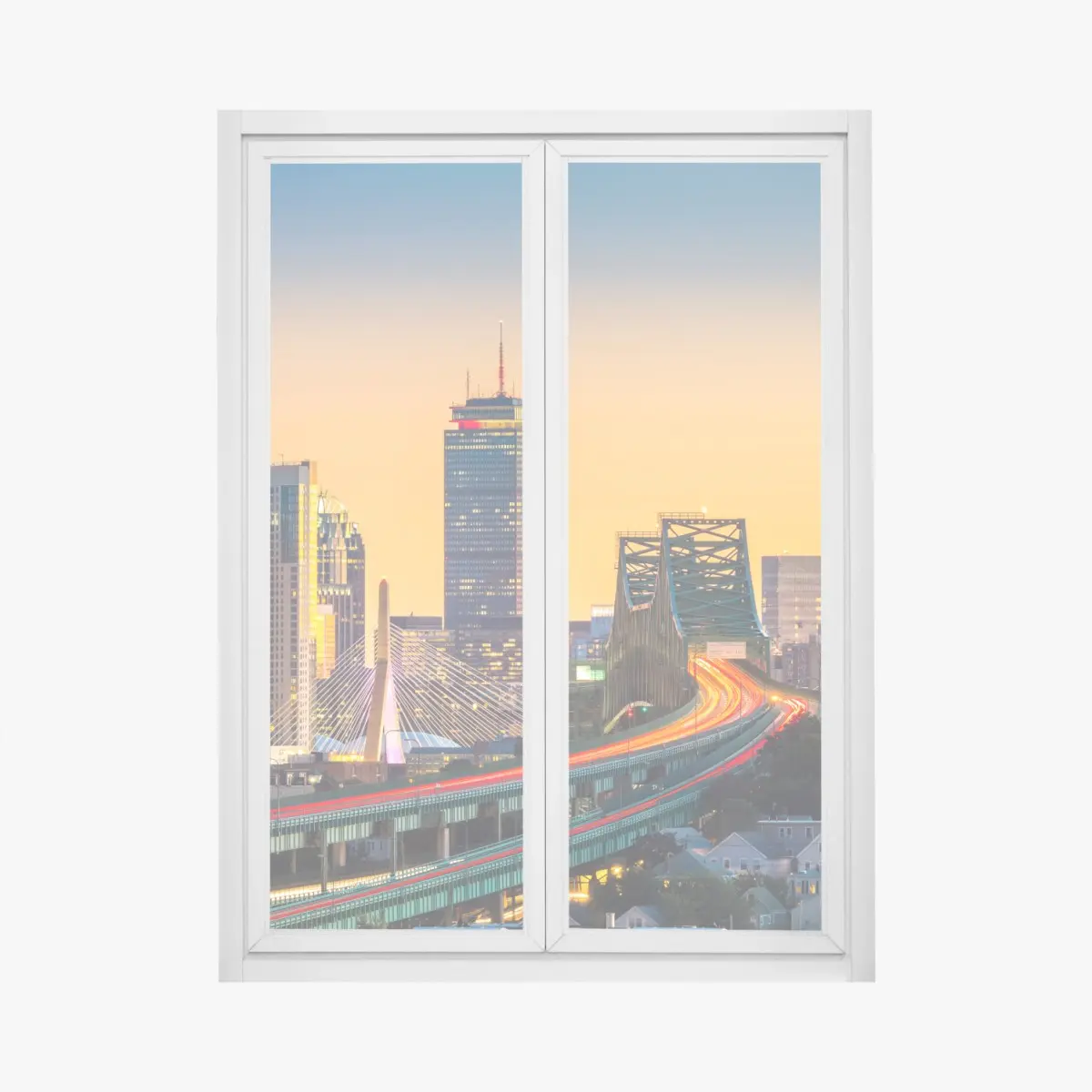 Adesivo per finestra tramonto urbano sulla skyline di Boston con i ponti Zakim e Tobin • Wallissimo®