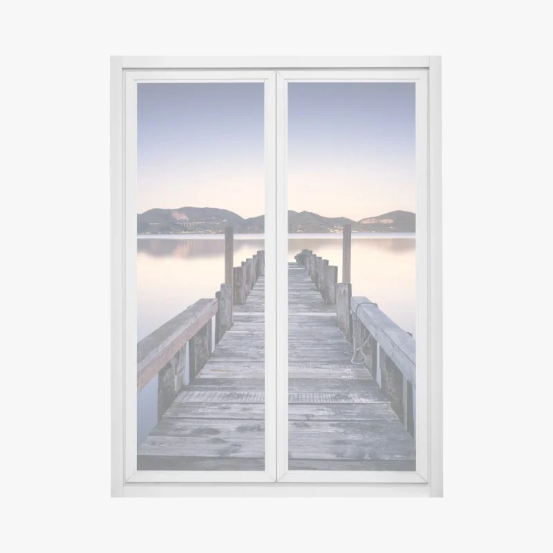 Adesivo per finestra molo in legno al tramonto, Massaciuccoli, Toscana