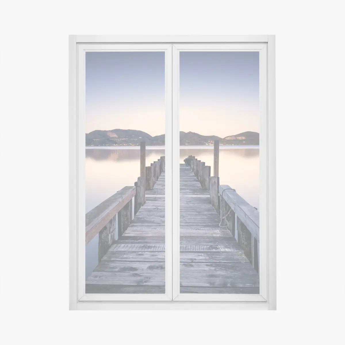 Adesivo per finestra molo in legno al tramonto, Massaciuccoli, Toscana • Wallissimo®