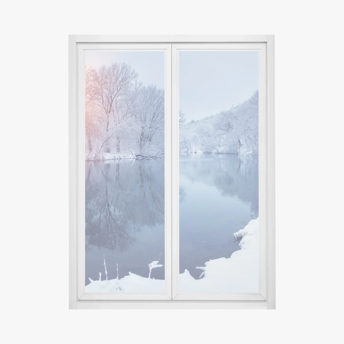 Adesivo per finestra tramonto invernale sul fiume ghiacciato • Wallissimo® Adesivo per finestra tramonto invernale sul fiume ghiacciato • Wallissimo®