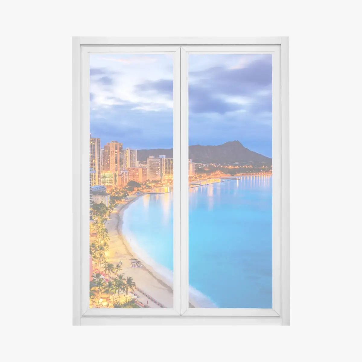 Adesivo per finestra skyline di Honolulu con Diamond Head al tramonto • Wallissimo®