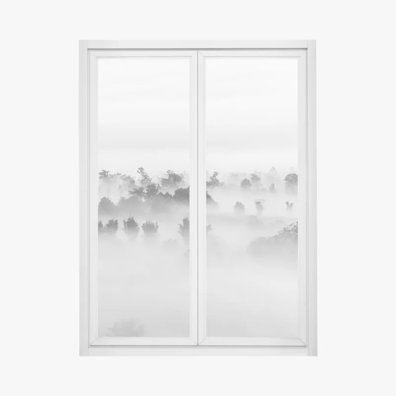 Adesivo per finestra mare di nuvole sulla foresta - minimalismo in bianco e nero