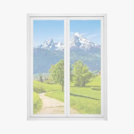 Adesivo per finestra paesaggio alpino primaverile con montagne innevate • Wallissimo®