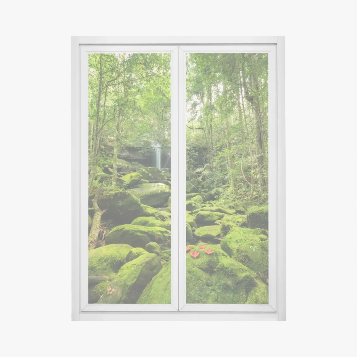 Adesivo per finestra oasi di muschio e cascata nella foresta pluviale • Wallissimo®