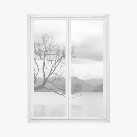 Adesivo per finestra albero solitario nel lago montano • Wallissimo®