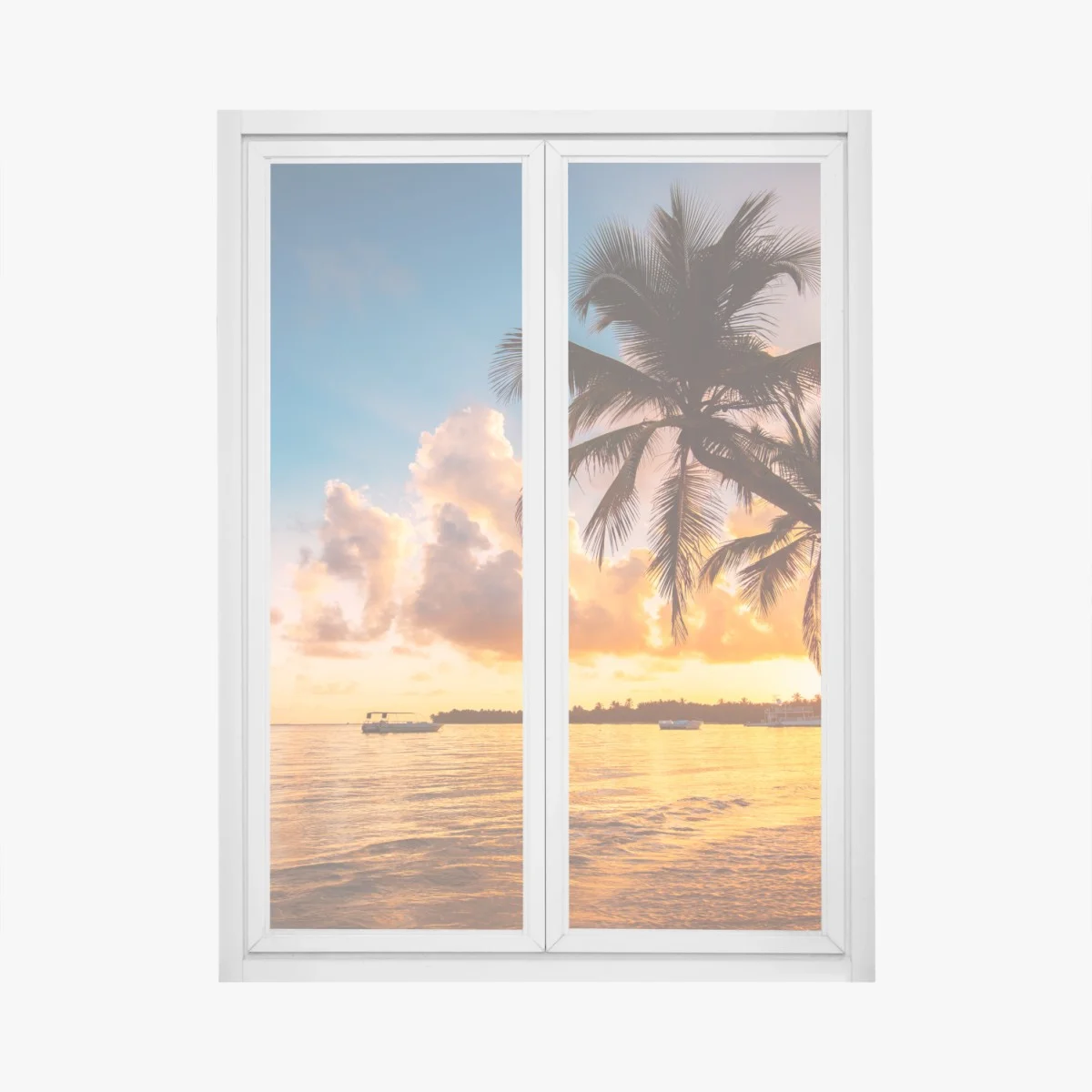 Adesivo per finestra tramonto tropicale con palme sulla spiaggia • Wallissimo® Adesivo per finestra tramonto tropicale con palme sulla spiaggia • Wallissimo®