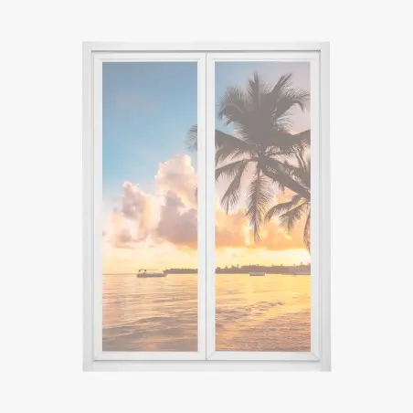 Adesivo per finestra tramonto tropicale con palme sulla spiaggia • Wallissimo®