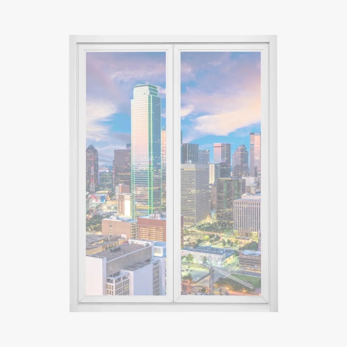 Adesivo per finestra tramonto su Dallas: skyline urbano e contemporaneo • Wallissimo®