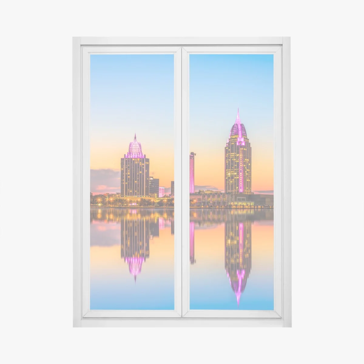 Adesivo per finestra tramonto e riflessi sulla skyline di Mobile • Wallissimo® Adesivo per finestra tramonto e riflessi sulla skyline di Mobile • Wallissimo®