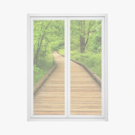 Adesivo per finestra sentiero di legno nella foresta verde • Wallissimo®