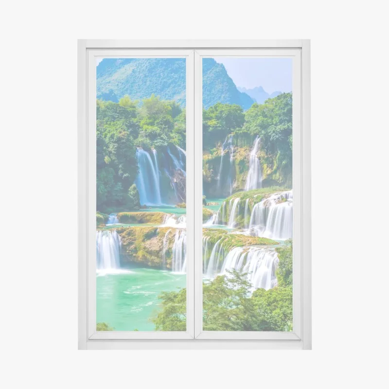 Adesivo per finestra cascata verde smeraldo tra le montagne